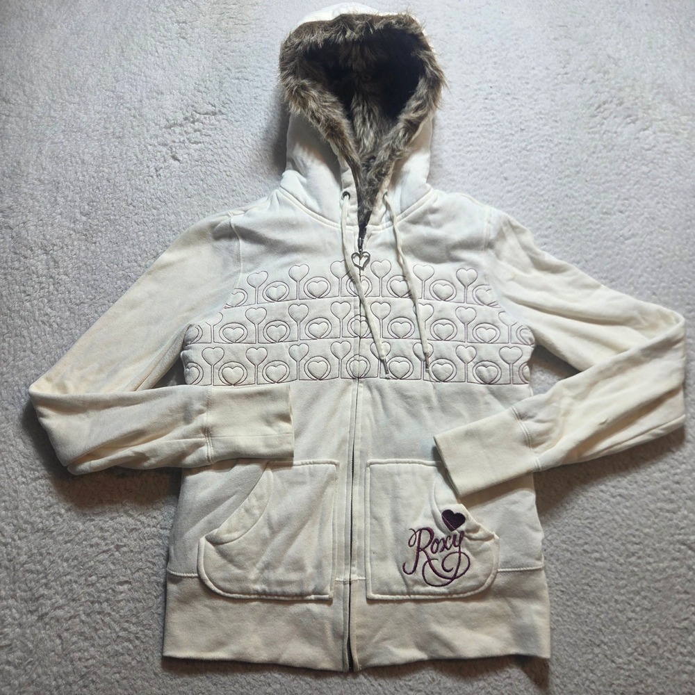 Roxy Hoodie Women Medium White Faux Fur Trim Heart Embroidered Y2K Surf Style